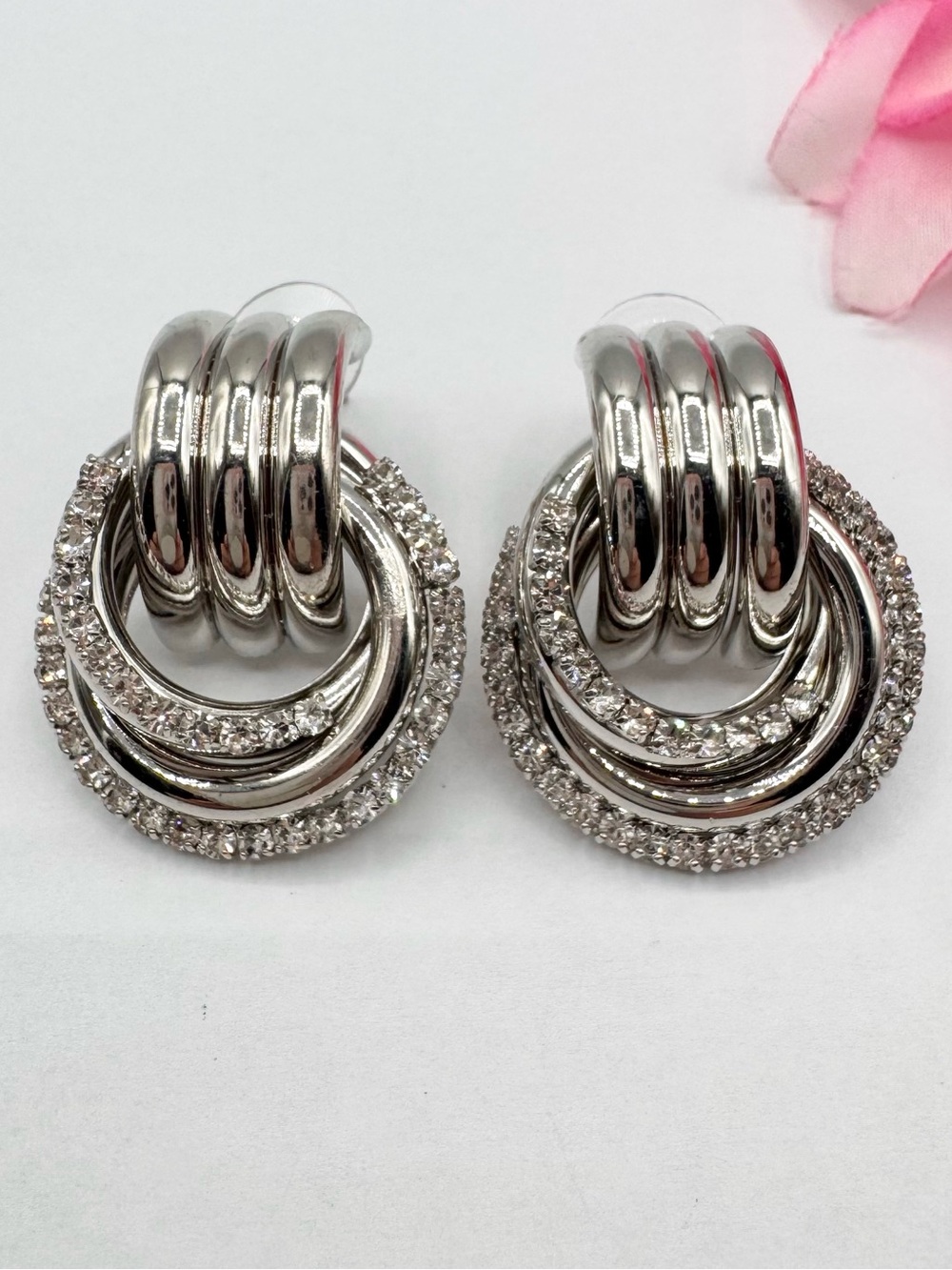 Chunky Door Knocker Knot Stud Earrings With Rhinestones Silver Tone 80s Revival